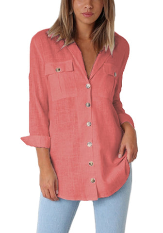 Coral Long Cuffed Sleeves Lapel Button-Up Blouse