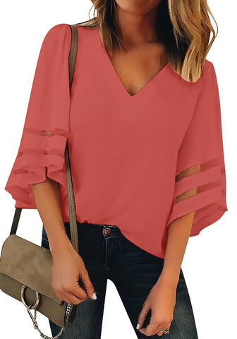 Tea Rose Women's V Neck Shirt Printed Top 3/4 Bell Sleeve Mesh Panel Blouse