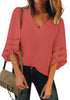 Front view of model wearing coral pink 34 bell mesh panel sleeves V-neckline loose top