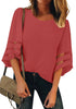 Front view of model wearing coral pink 34 bell mesh panel sleeves crew neck loose top