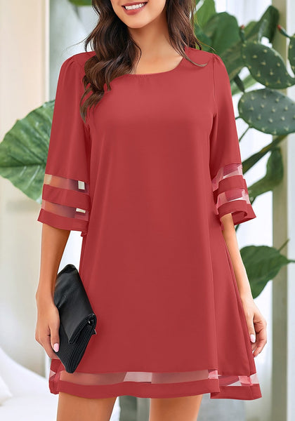 Front view of model wearing coral pink 34 bell sleeves mesh panel crew-neckline loose dress