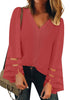 Front view of model wearing coral pink overlap V-neckline long bell mesh sleeves loose top