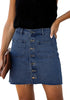 Front view of model wearing dark blue button-down denim mini skirt