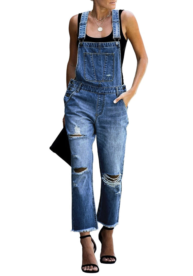 Women s Casual Ripped Denim Bib Overalls Stretch Jeans Pants