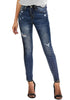 Front view of model wearing deep blue high-rise ripped skinny denim jeans