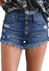 Front view of model wearing deep blue raw hem distressed high-waist buttons jeans shorts