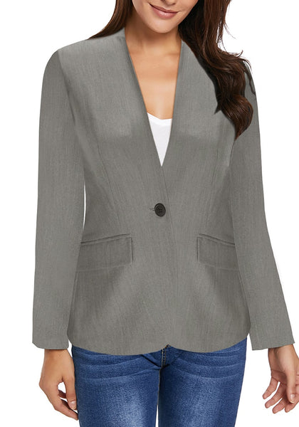 Front view of model wearing grey V-neckline single button blazer