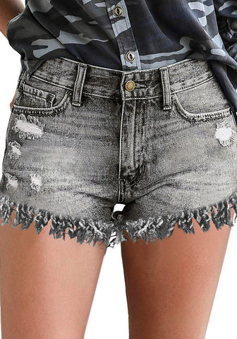 Women's Mid Rise Frayed Ripped Raw Hem Denim Jean Shorts