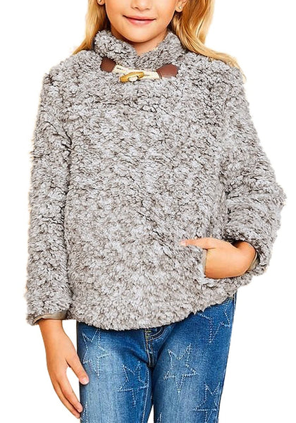 Grey Mock Neck Toggle Buttons Fleece Girls Sweater