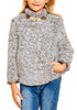 Front view of model wearing grey mock neck toggle buttons fleece girls sweater