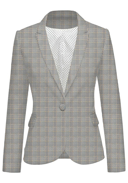 Front view of model wearing grey plaid back-slit notched lapel blazer's 3D image