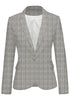 Front view of model wearing grey plaid back-slit notched lapel blazer's 3D image