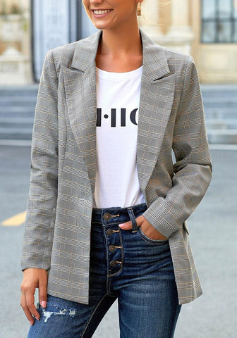 Grey Plaid Lapel Front-Button Side-Pockets Blazer