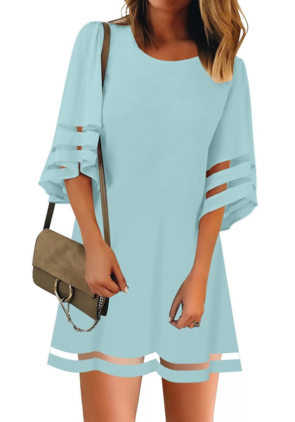 Front view of model wearing light blue 34 bell sleeves mesh panel crew-neckline loose dress