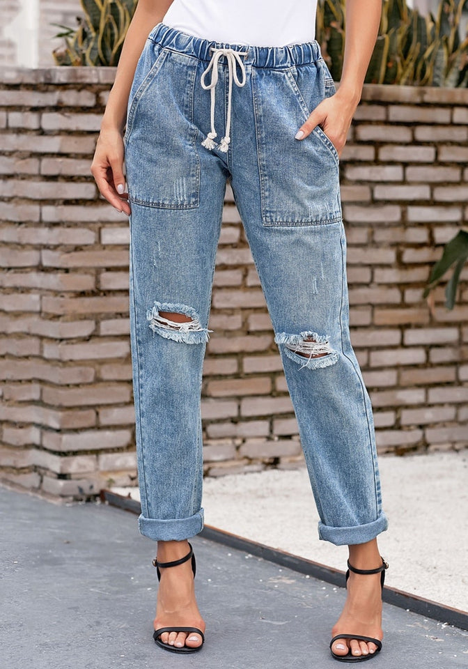 Light Blue Drawstring-Waist Cuffed Ripped Boyfriend Jeans – Lookbook Store