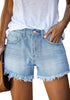 Front view of model wearing light blue frayed hem washed denim jeans shorts