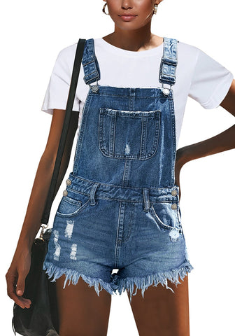 Women's Ripped Denim Bib Overall Shorts Raw Hem Shortall Jeans