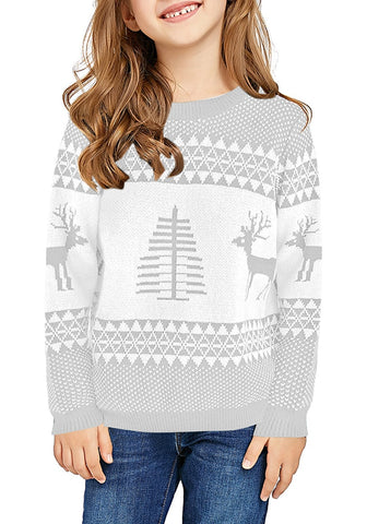Light Grey Crew Neck Reindeer Girl's Christmas Sweater