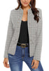 Front view of model wearing light grey stand collar open-front blazer