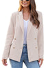 Front view of model wearing light mauve notch lapel double-breasted blazer