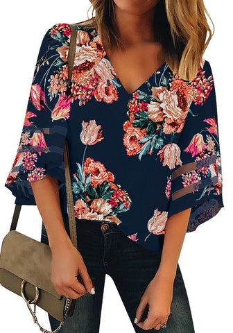 Floral Print Navy Blue Women's V Neck Shirt Printed Top 3/4 Bell Sleeve Mesh Panel Blouse