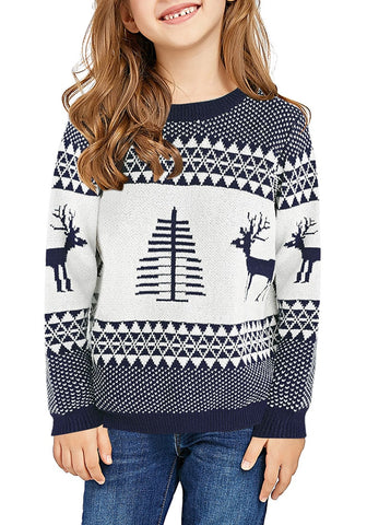 Navy Blue Crew Neck Reindeer Girl's Christmas Sweater