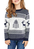 Front view of model wearing navy blue crew neck reindeer girl's Christmas sweater
