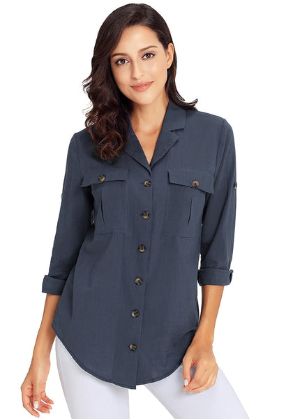 Front view of model wearing navy blue long cuffed sleeves lapel button-up blouse