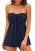 Front view of model wearing navy bow knot-front sweetheart swing tankini set as bandeau tankini set