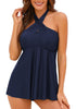 Front view of model wearing navy bow knot-front sweetheart swing tankini set as halter tankini set