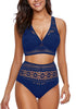Front view of model wearing navy lace crochet V-neckline high waist set