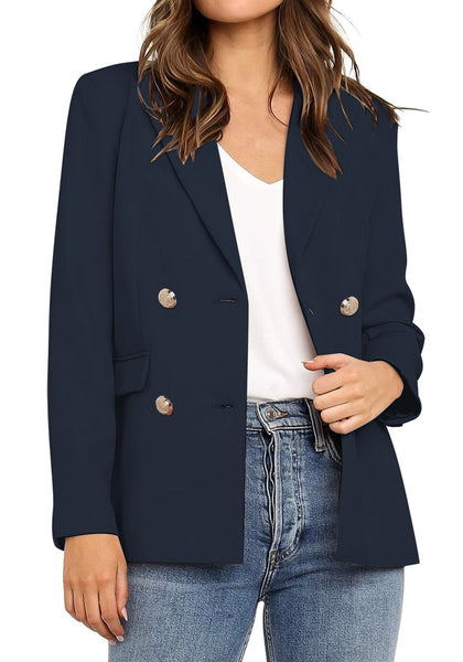 Front view of model wearing navy notch lapel double-breasted blazer