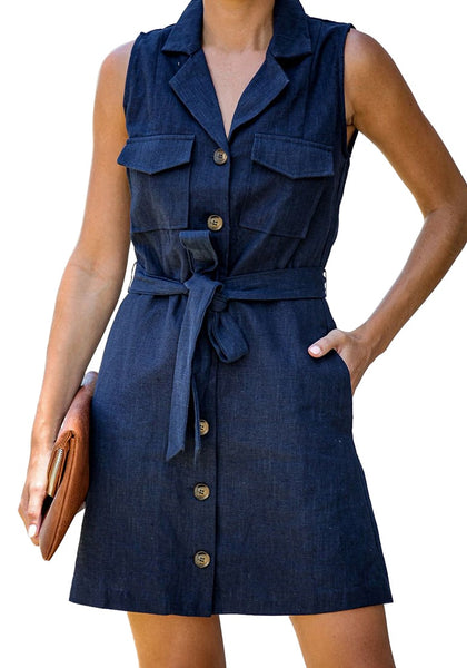 Front view of model wearing navy sleeveless lapel collar button-down belted dress