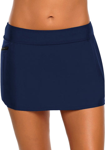 Navy Zipper-Pocket Waistband Skirted Bikini Bottom