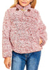 Front view of model wearing pink mock neck toggle buttons fleece girls sweater