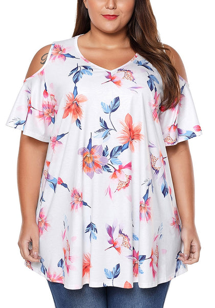Front view of model wearing plus size white floral cold-shoulder blouse