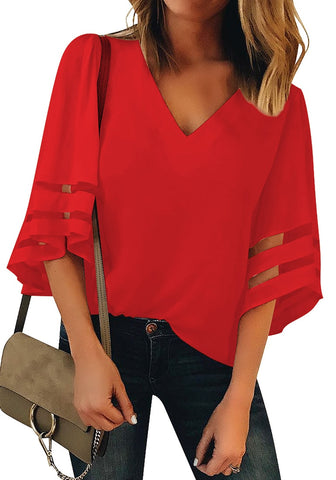 Women's V Neck Shirt Printed Top 3/4 Bell Sleeve Mesh Panel Blouse