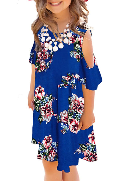 Front view of model wearing royal blue cold shoulder ruffle floral short sleeves girl tunic dress