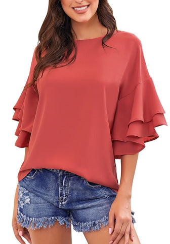 Rust Red Trumpet Sleeves Keyhole-Back Blouse