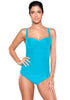 Front view of model wearing sky blue ruched tankini set