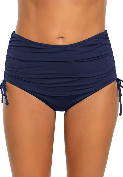 Front view of model wearing wearing navy side-drawstring high waist ruched bikini bottom