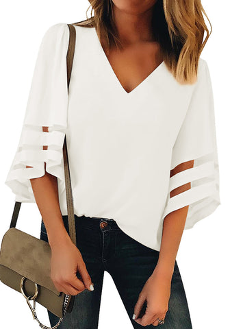 Beige Women's V Neck Shirt Printed Top 3/4 Bell Sleeve Mesh Panel Blouse