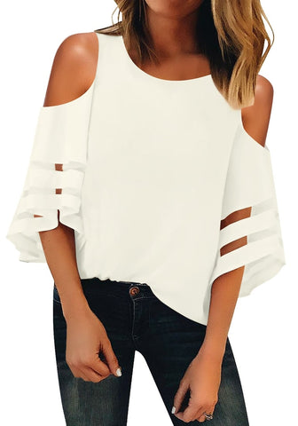 Beige Women's Cold Shoulder Loose Shirt Tops 3/4 Bell Mesh Sleeve Blouse