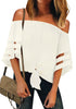 Front view of model wearing white 34 bell mesh panel sleeves tie-front off-shoulder top