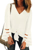Front view of model wearing white V-neckline long bell mesh sleeves tie-front loose top