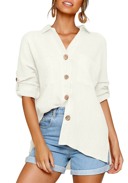 Front view of model wearing white collared V-neckline cuffed sleeves button-up top