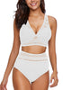 Front view of model wearing white lace crochet V-neckline high waist set