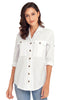 Front view of model wearing white long cuffed sleeves lapel button-up blouse