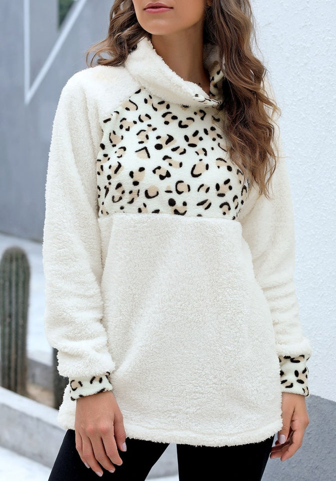White Oblique Stand Collar Leopard Fleece Pullover Lookbook Store
