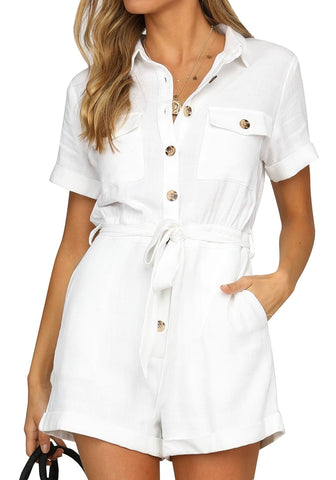 White Short Sleeves Button-Down Belted Rompers